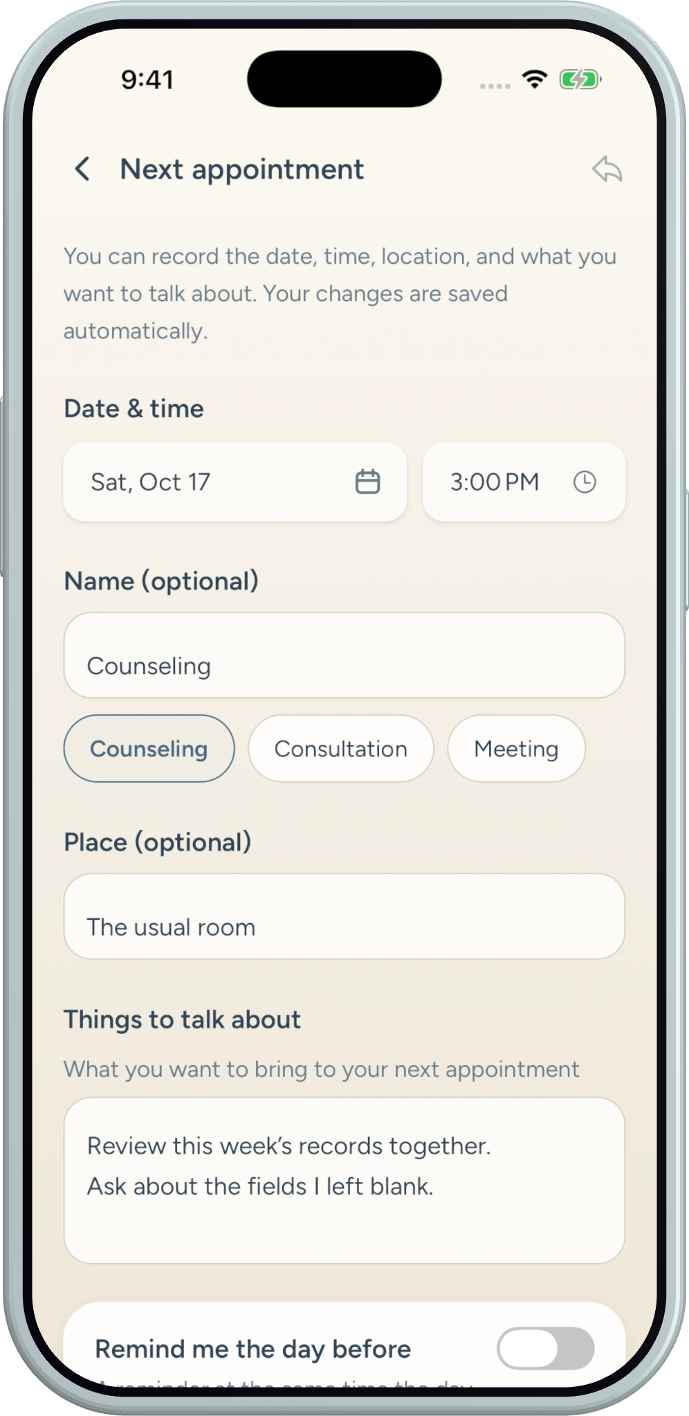 Ema Note appointment screen with a date, location and talking points