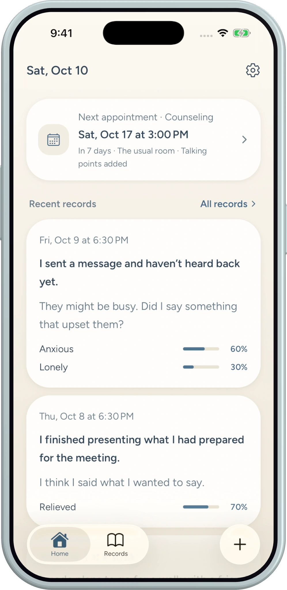 Ema Note home screen with an upcoming appointment and recent records