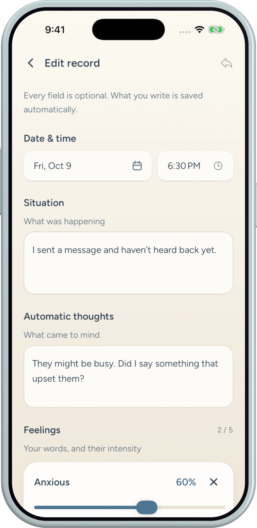 Ema Note record editor with five optional fields and automatic saving